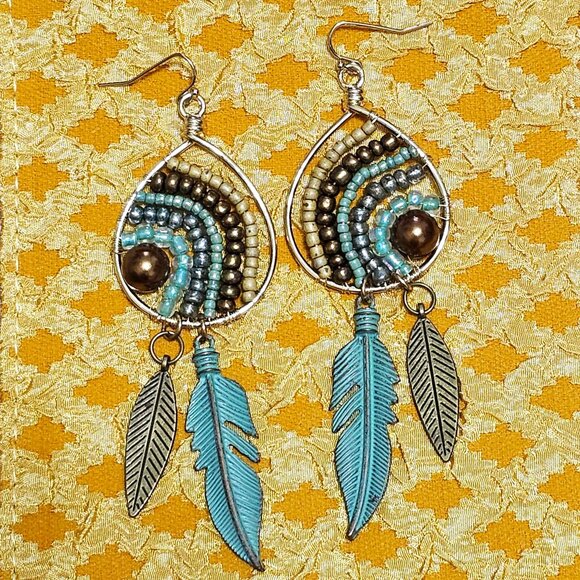 Artisan Hand Crafted Earrings Gold Teardrop Hoop Aqua Beige Brown Beaded Pierced - Picture 9 of 9